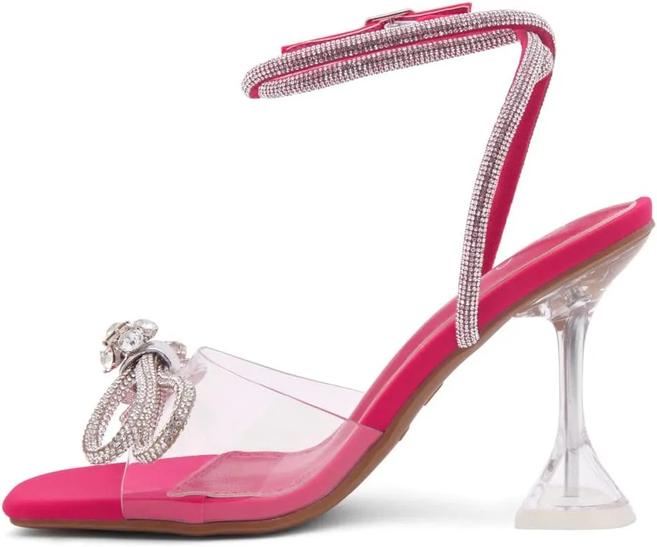 Shoe Land Womens Clear Rhinestone Bow Heels  Double Bowknot & Adjustable Ankle Strap | Crystal Stiletto High Heels with Square Open Toe for Wedding & Party
