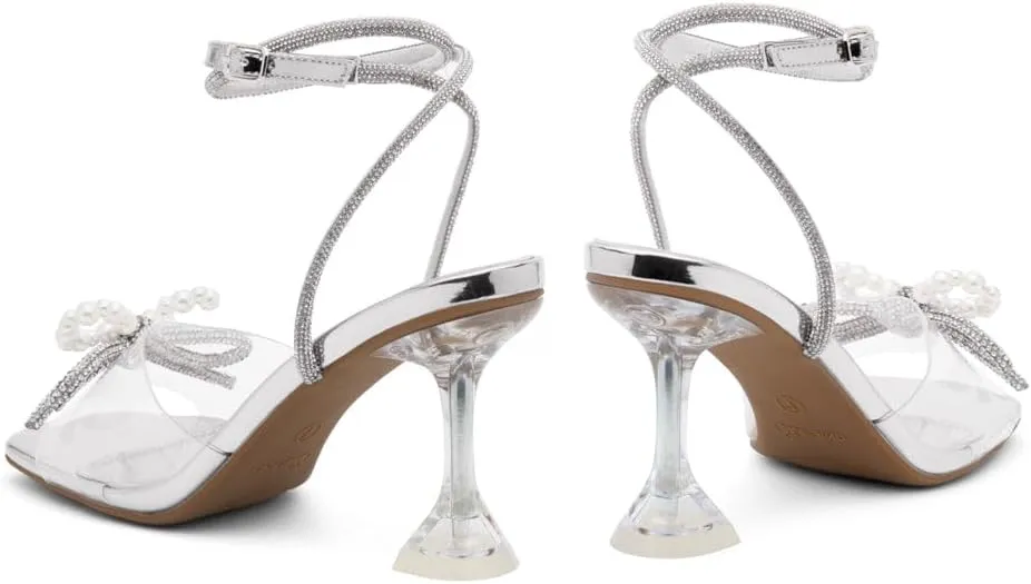 Shoe Land Womens Clear Rhinestone Bow Heels  Double Bowknot & Adjustable Ankle Strap | Crystal Stiletto High Heels with Square Open Toe for Wedding & Party