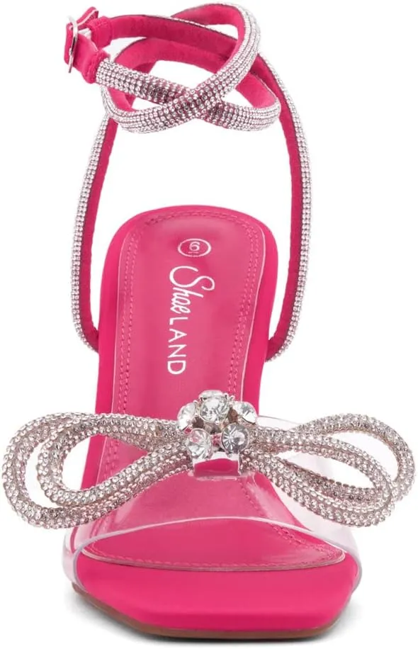 Shoe Land Womens Clear Rhinestone Bow Heels  Double Bowknot & Adjustable Ankle Strap | Crystal Stiletto High Heels with Square Open Toe for Wedding & Party