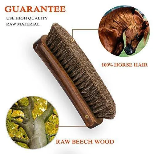 TAKAVU 6.7" Horsehair Shoe Shine Brush - 100% Soft Genuine Horse Hair Bristles - Unique Concave Design Wood Handle - Comfortable Grip, Anti Slip - for Boots, Shoes & Other Leather Care (#1)
