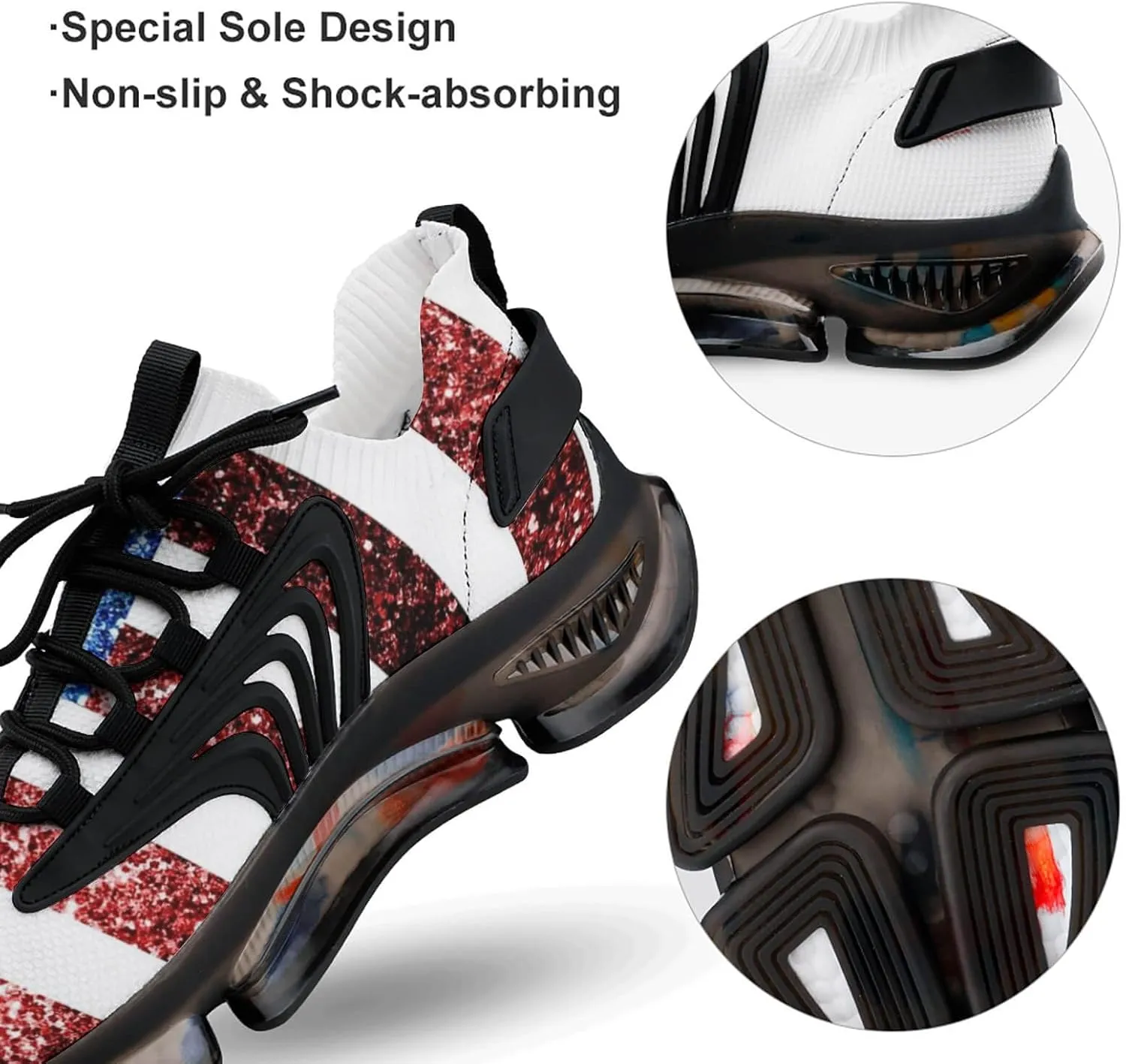 U.S. Flag Red Blue Sparkles Glitters Walking Shoes for Men Lightweight Tennis Fashion Elastic Sports Shoes Cushion Basketball Shoes