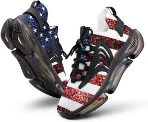 U.S. Flag Red Blue Sparkles Glitters Walking Shoes for Men Lightweight Tennis Fashion Elastic Sports Shoes Cushion Basketball Shoes