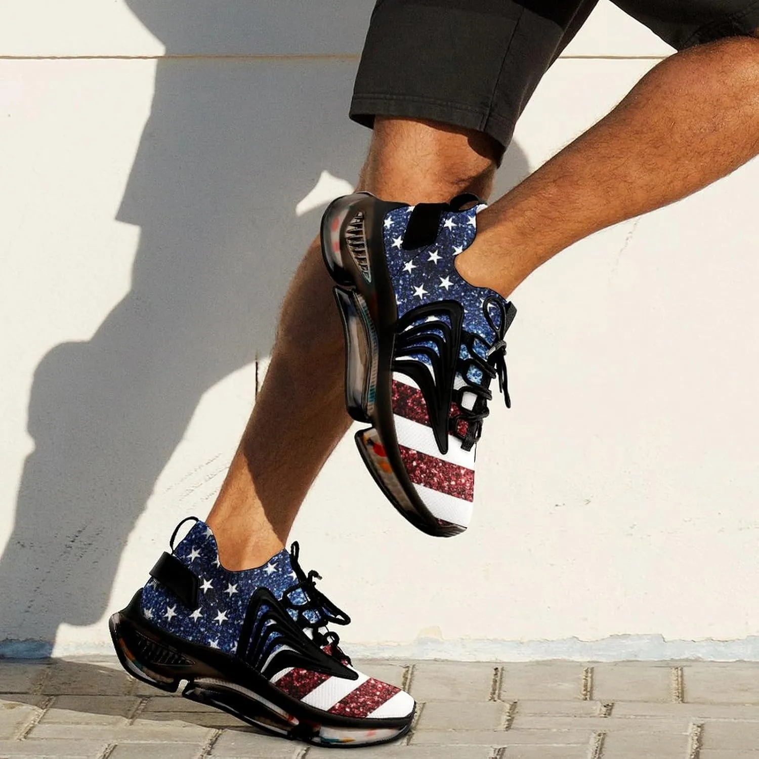U.S. Flag Red Blue Sparkles Glitters Walking Shoes for Men Lightweight Tennis Fashion Elastic Sports Shoes Cushion Basketball Shoes