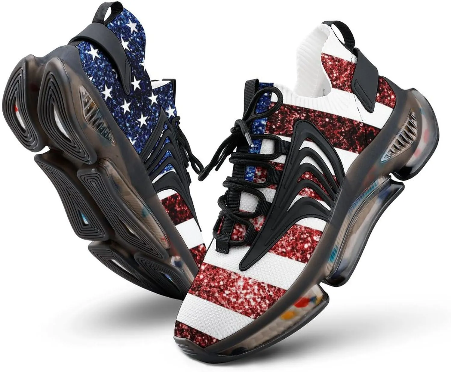U.S. Flag Red Blue Sparkles Glitters Walking Shoes for Men Lightweight Tennis Fashion Elastic Sports Shoes Cushion Basketball Shoes