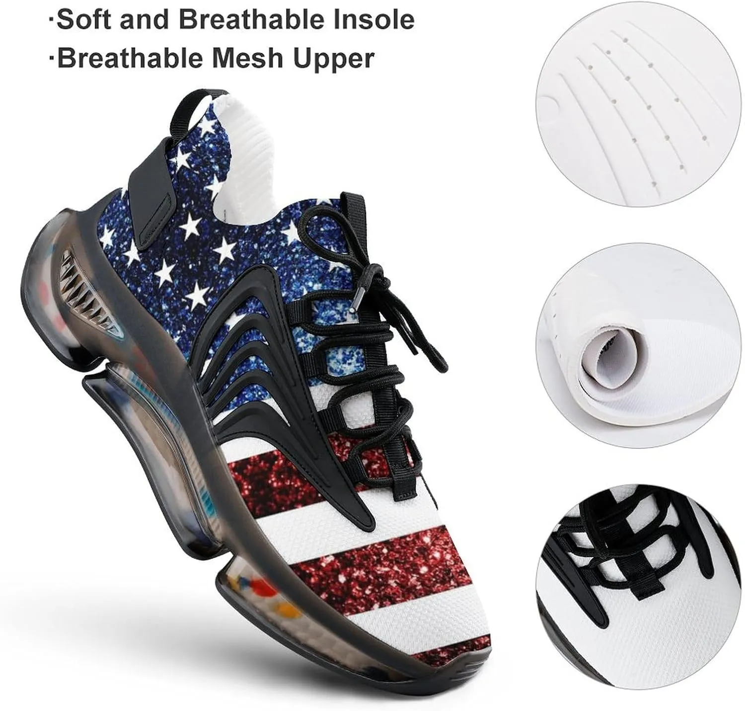 U.S. Flag Red Blue Sparkles Glitters Walking Shoes for Men Lightweight Tennis Fashion Elastic Sports Shoes Cushion Basketball Shoes