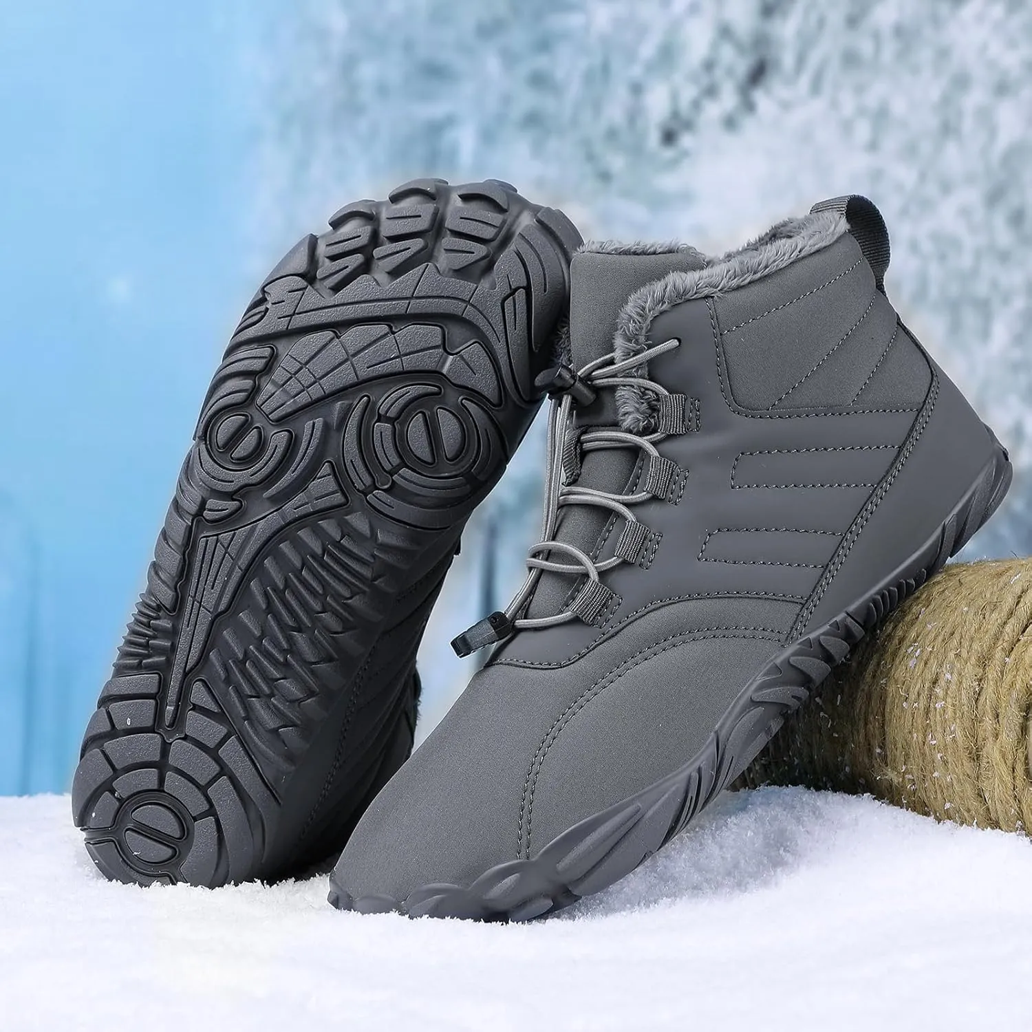 uSecee Men's Women's Winter Barefoot Hiking Boots Winter Warm Wide Toe Box Shoes Minimalist Waterproof Hiking Shoes Zero Drop Non Slip Sneakers Fur Lined Snow Boots Walking Outdoor Unisex