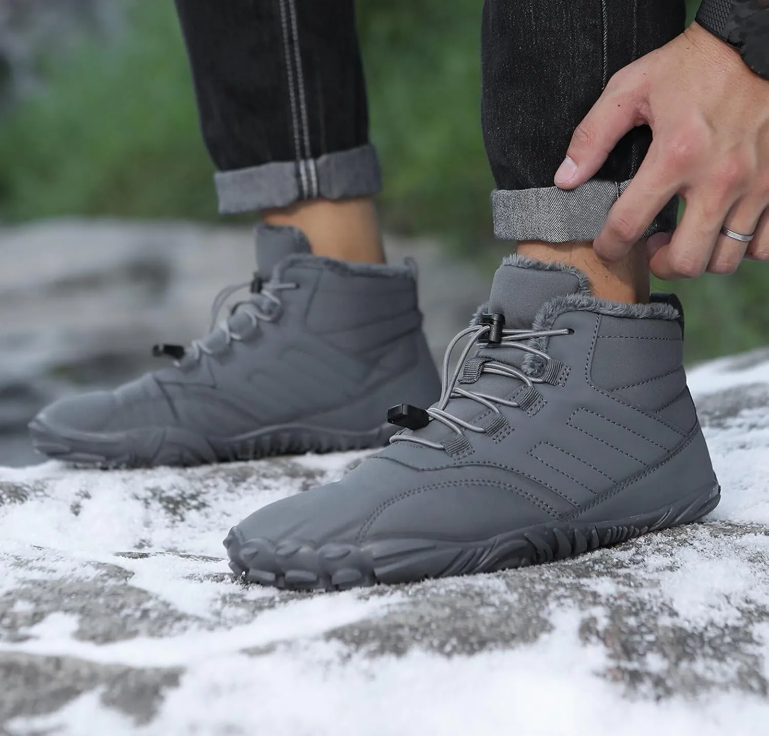 uSecee Men's Women's Winter Barefoot Hiking Boots Winter Warm Wide Toe Box Shoes Minimalist Waterproof Hiking Shoes Zero Drop Non Slip Sneakers Fur Lined Snow Boots Walking Outdoor Unisex