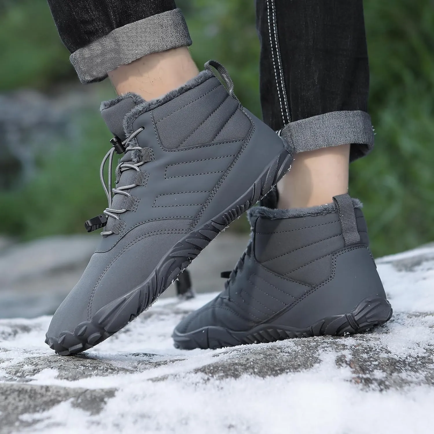 uSecee Men's Women's Winter Barefoot Hiking Boots Winter Warm Wide Toe Box Shoes Minimalist Waterproof Hiking Shoes Zero Drop Non Slip Sneakers Fur Lined Snow Boots Walking Outdoor Unisex
