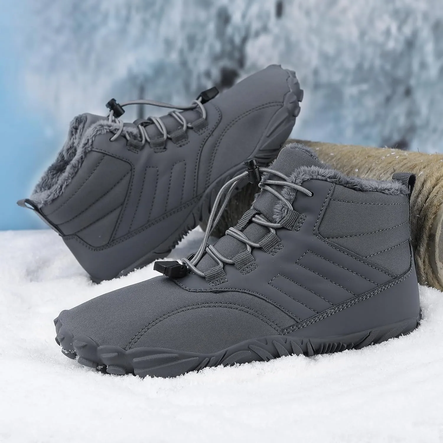 uSecee Men's Women's Winter Barefoot Hiking Boots Winter Warm Wide Toe Box Shoes Minimalist Waterproof Hiking Shoes Zero Drop Non Slip Sneakers Fur Lined Snow Boots Walking Outdoor Unisex