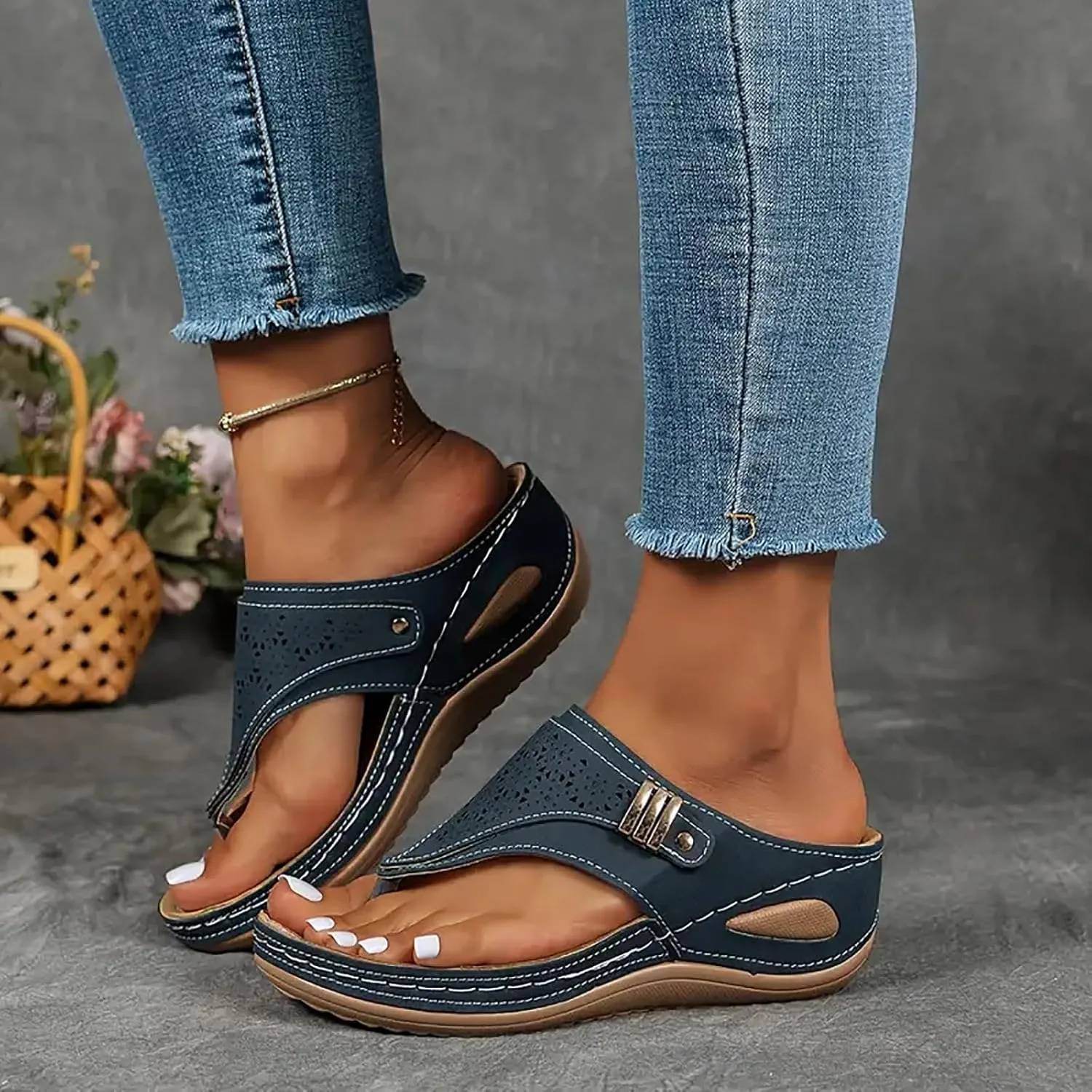 Wedge Womens Flip Flops with Arch Support Summer Beach Walking Thong Cushion Sandals Comfortable Slip On
