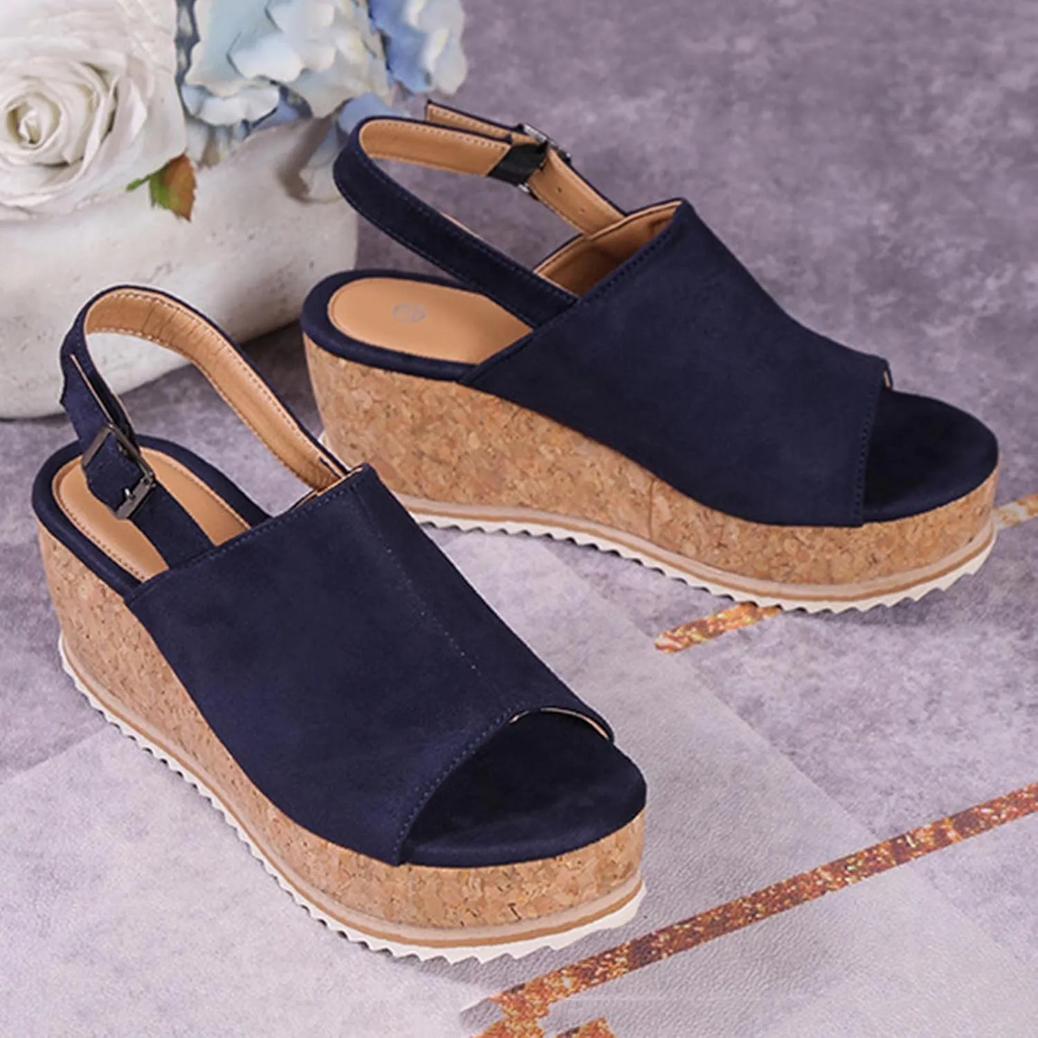 Women Solid Hook and Eye Sandals Platform Peep Toe Trendy Shoe Fish Mouth Summer Wedge Shoes Comfy Orthopedic Sandal
