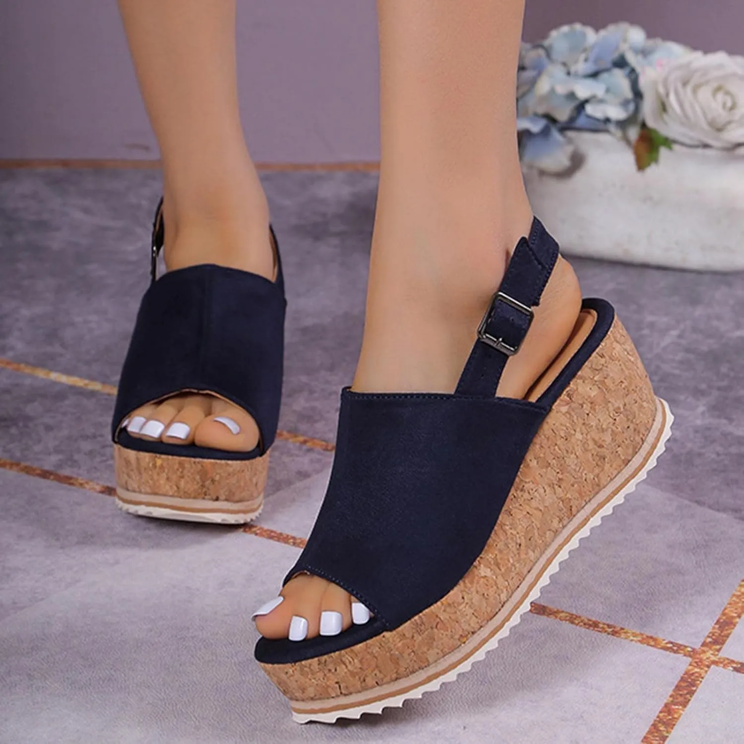Women Solid Hook and Eye Sandals Platform Peep Toe Trendy Shoe Fish Mouth Summer Wedge Shoes Comfy Orthopedic Sandal