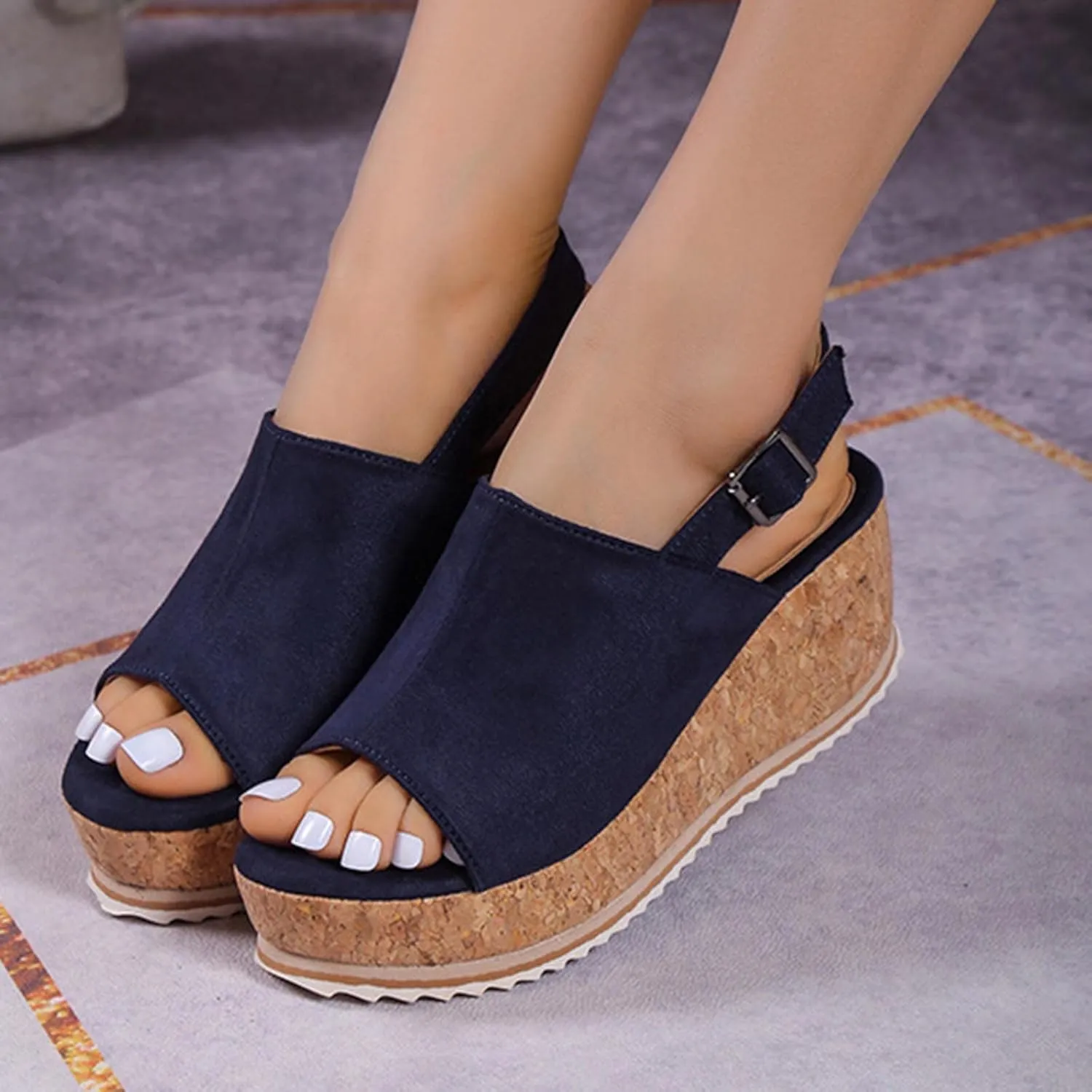 Women Solid Hook and Eye Sandals Platform Peep Toe Trendy Shoe Fish Mouth Summer Wedge Shoes Comfy Orthopedic Sandal