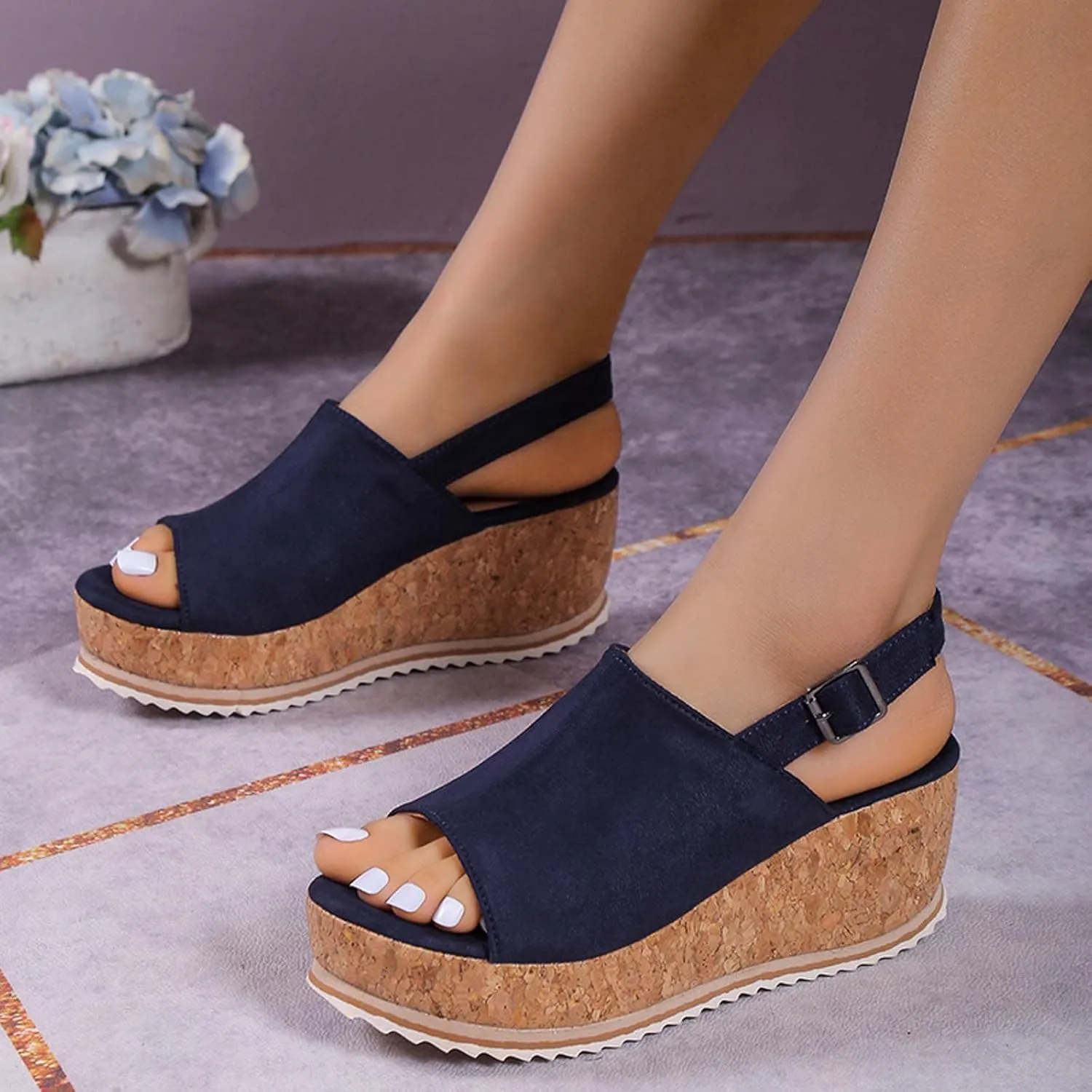 Women Solid Hook and Eye Sandals Platform Peep Toe Trendy Shoe Fish Mouth Summer Wedge Shoes Comfy Orthopedic Sandal