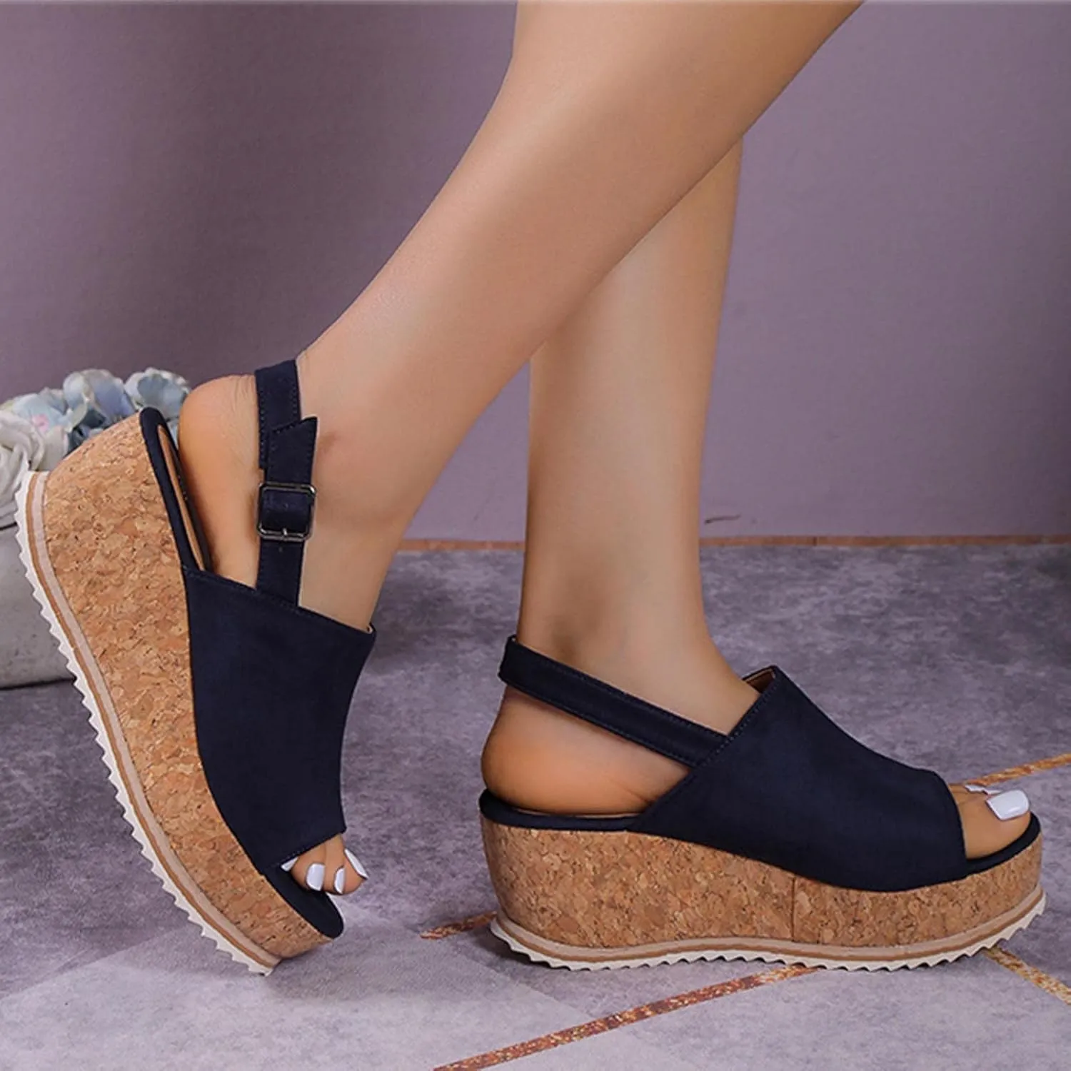 Women Solid Hook and Eye Sandals Platform Peep Toe Trendy Shoe Fish Mouth Summer Wedge Shoes Comfy Orthopedic Sandal