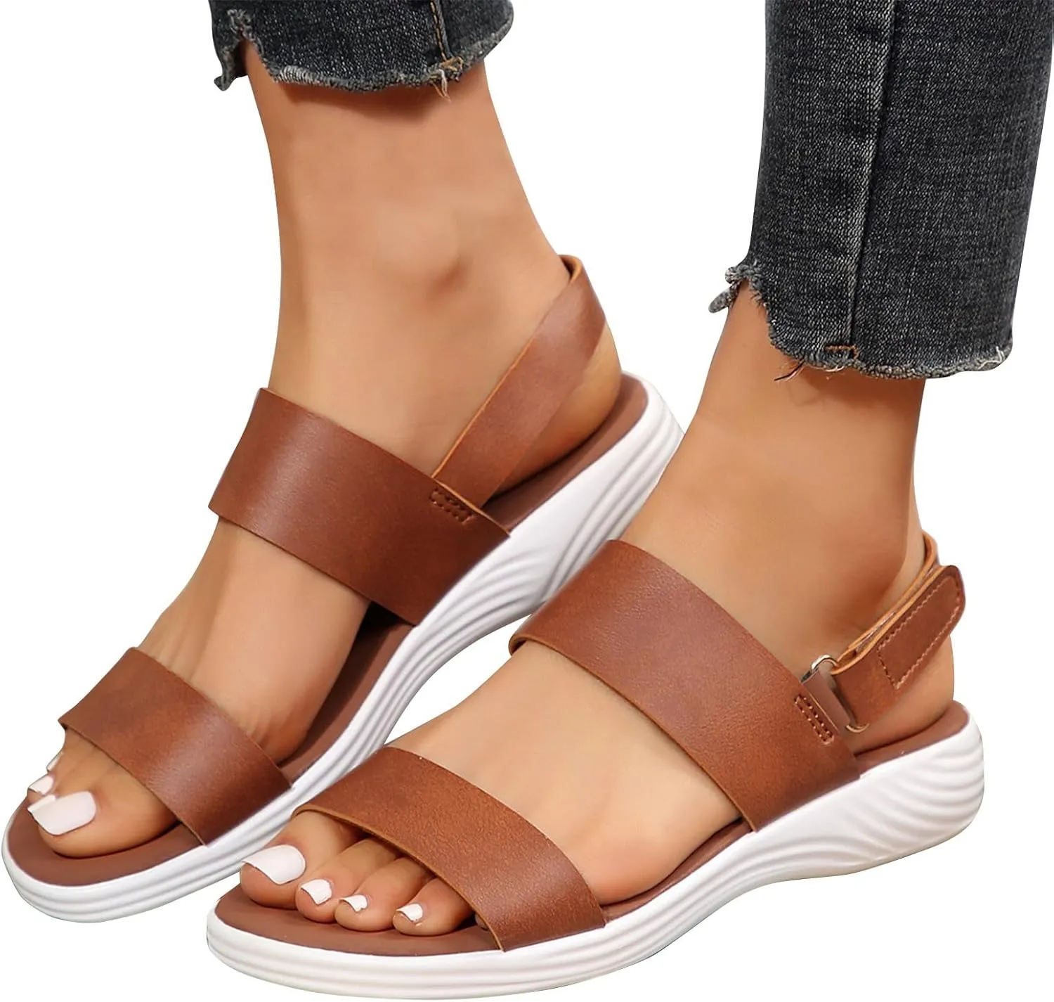 Women Solid Thick Strappy Sandals Hook and Loop Casual Summer Shoe Orthopedic Spring Comfy Sandal Arch Support Shoes
