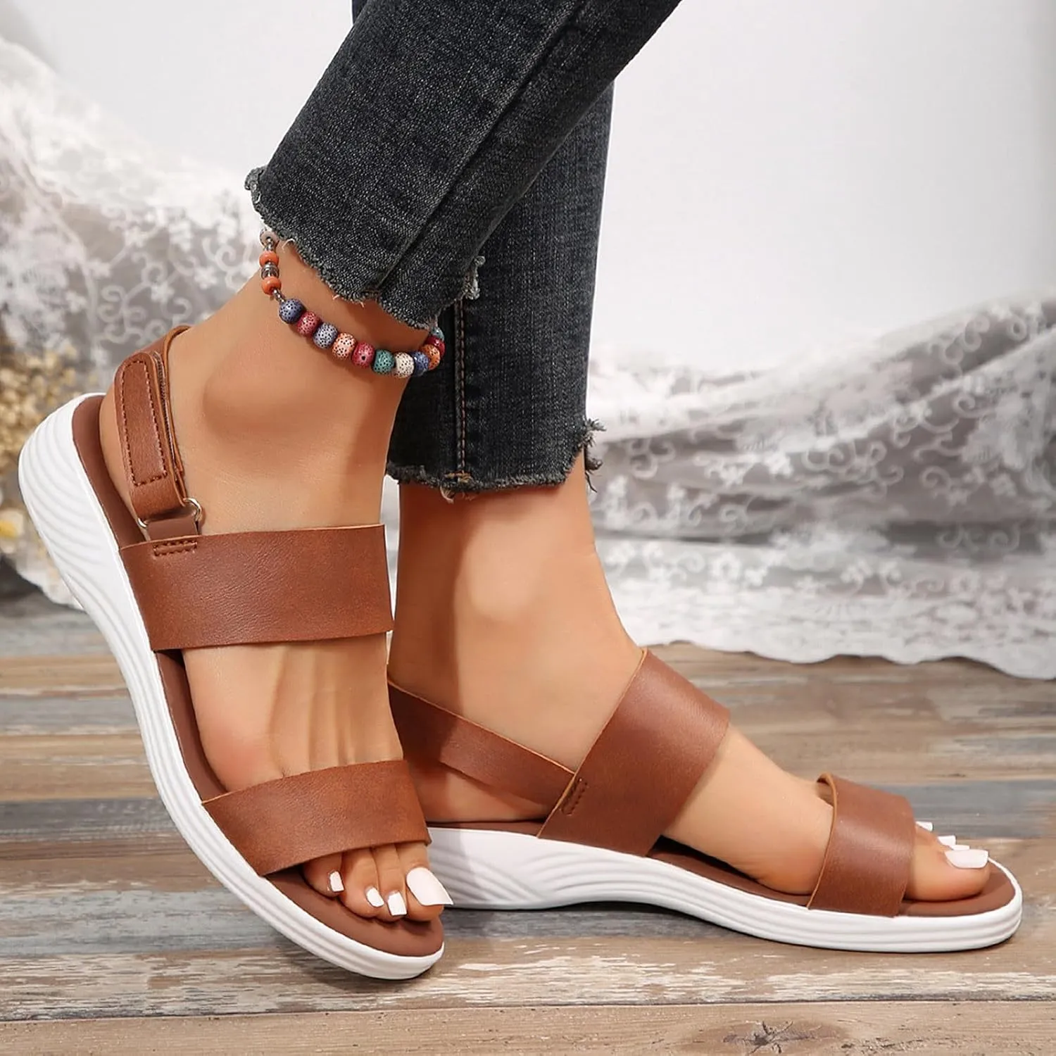 Women Solid Thick Strappy Sandals Hook and Loop Casual Summer Shoe Orthopedic Spring Comfy Sandal Arch Support Shoes