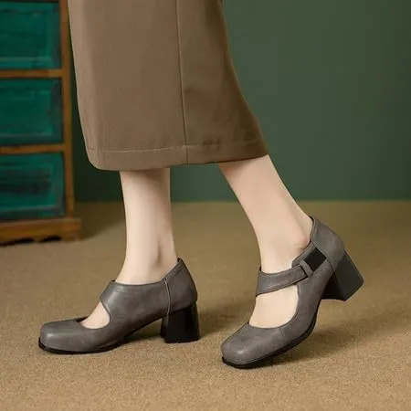 Women Vintage Mary Jane Pumps Square Toe Block Heels