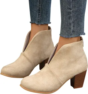 Womens Boots Platform Low Heel Ankle Boots Western Cowboy Pointed Toe Fashion Retro Classic Pull-On Ankle Boots
