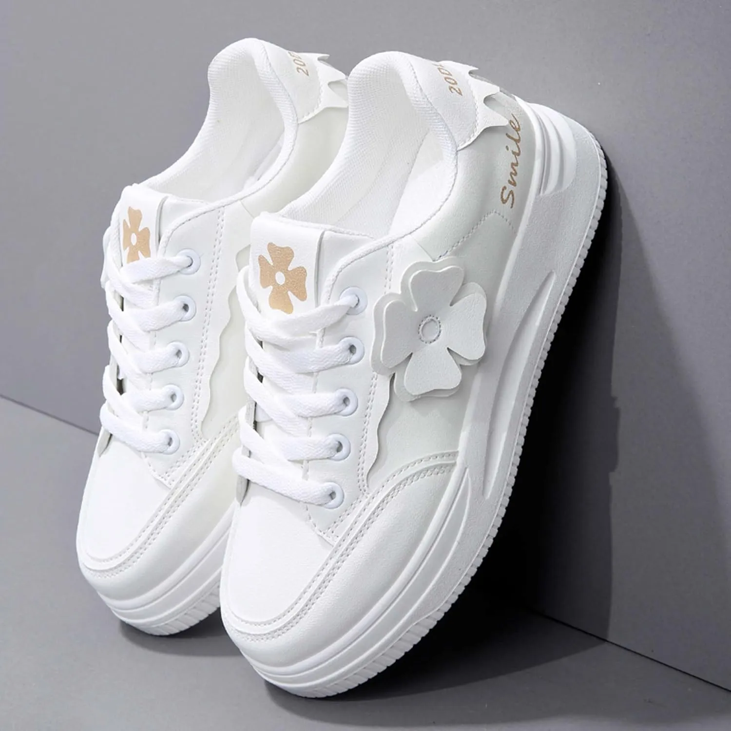 Women's Fashion Flower Flat Sports Skateboarding Shoes Anti Slip Shock Absorbing Tennis Shoes Ultra Light Breathable Casual Walking Shoes