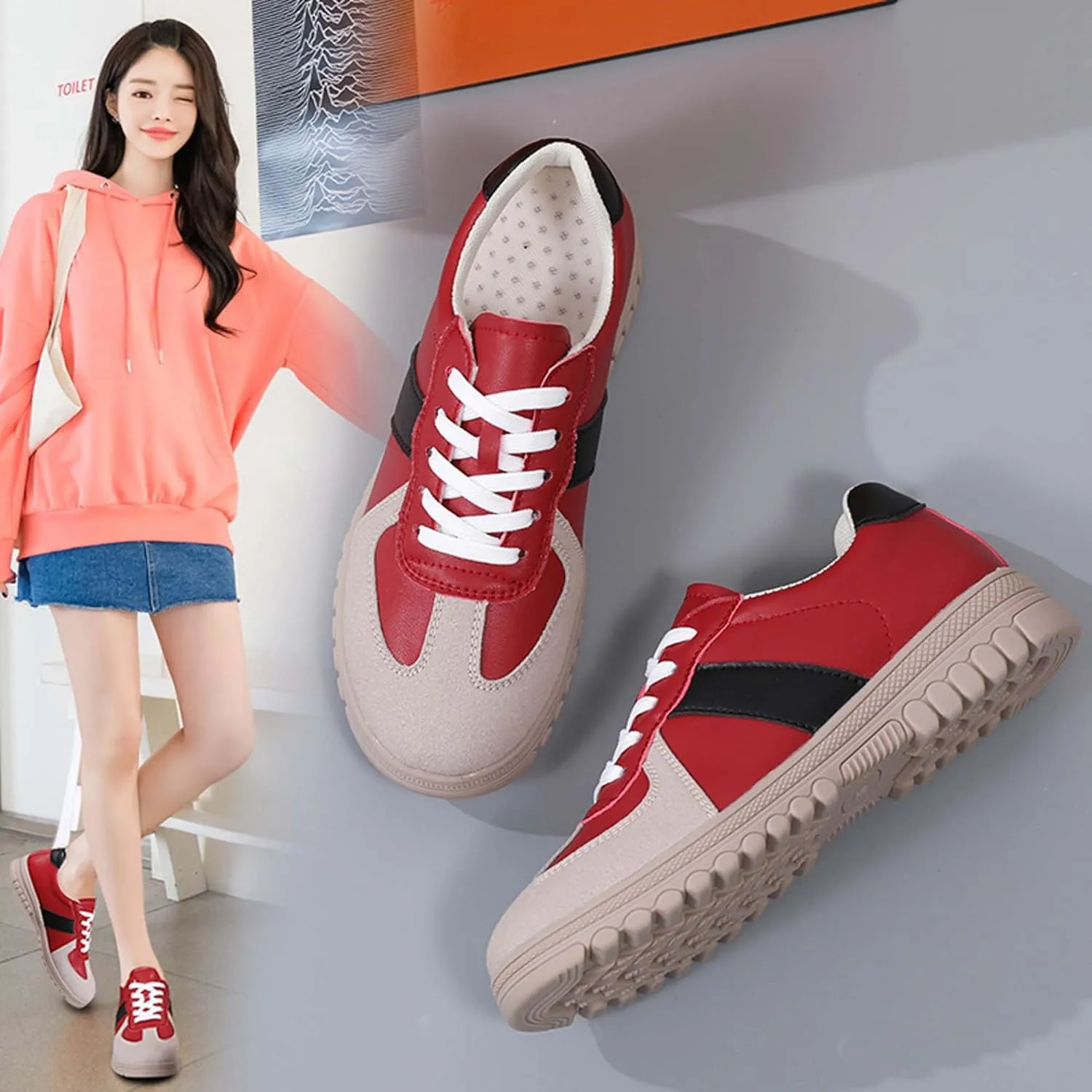 Women's Five Colored Lace Up Low Cut Skateboard Shoes, Anti Slip, Wear-Resistant, Soft Sports Shoes, Fashionable Short Distance Running Shoes, Winter Breathable Casual Shoes