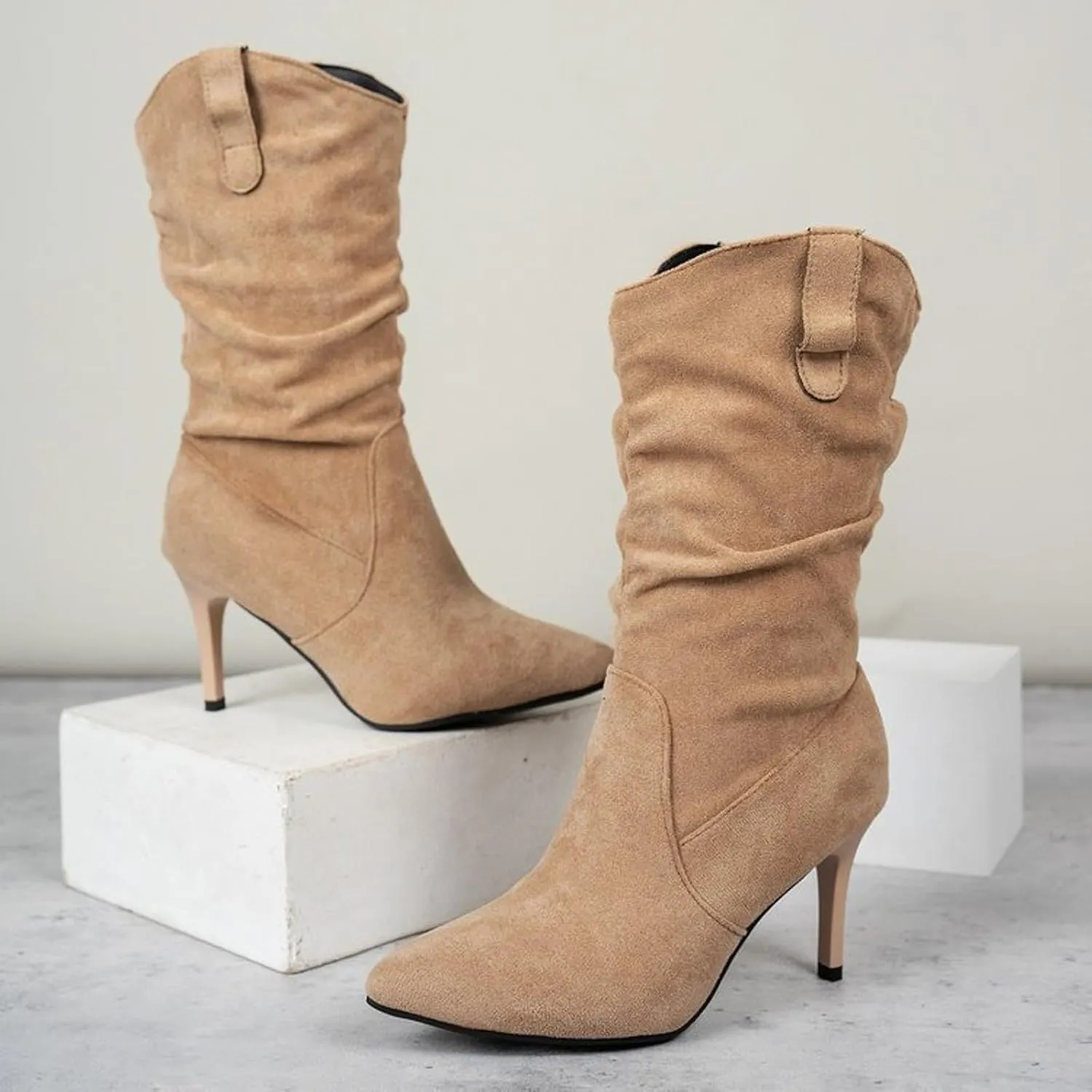 Womens Heel Dress Shoes Women's Fashionable Pointed Toe Suede Stiletto Pleated Mid Calf Fashion Casual High Heels