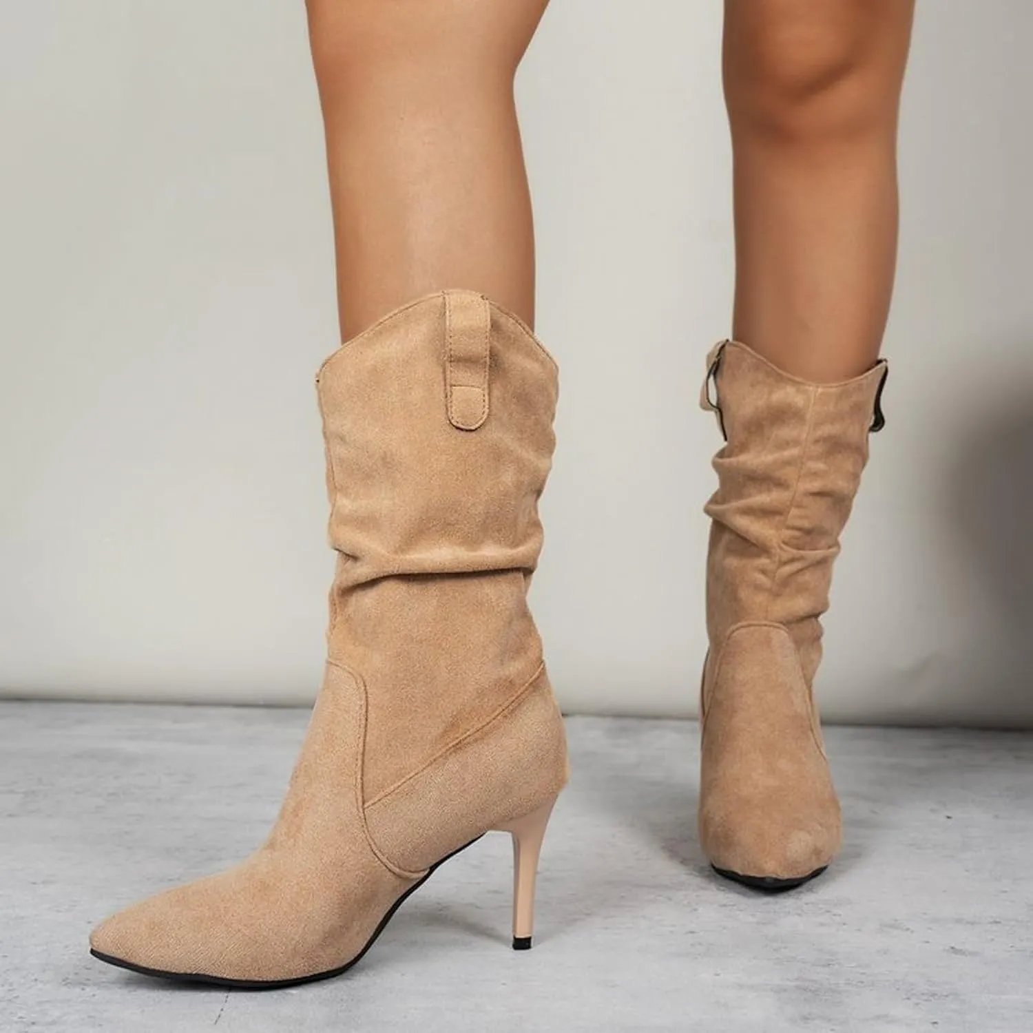 Womens Heel Dress Shoes Women's Fashionable Pointed Toe Suede Stiletto Pleated Mid Calf Fashion Casual High Heels