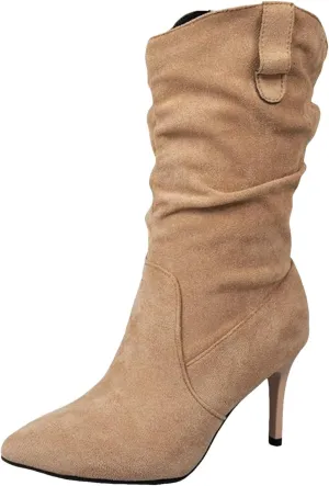 Womens Heel Dress Shoes Women's Fashionable Pointed Toe Suede Stiletto Pleated Mid Calf Fashion Casual High Heels