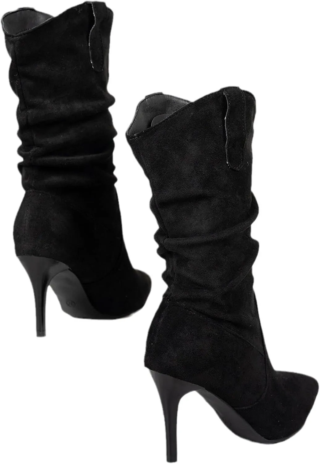 Womens Heel Dress Shoes Women's Fashionable Pointed Toe Suede Stiletto Pleated Mid Calf Fashion Casual High Heels