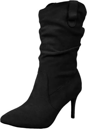 Womens Heel Dress Shoes Women's Fashionable Pointed Toe Suede Stiletto Pleated Mid Calf Fashion Casual High Heels