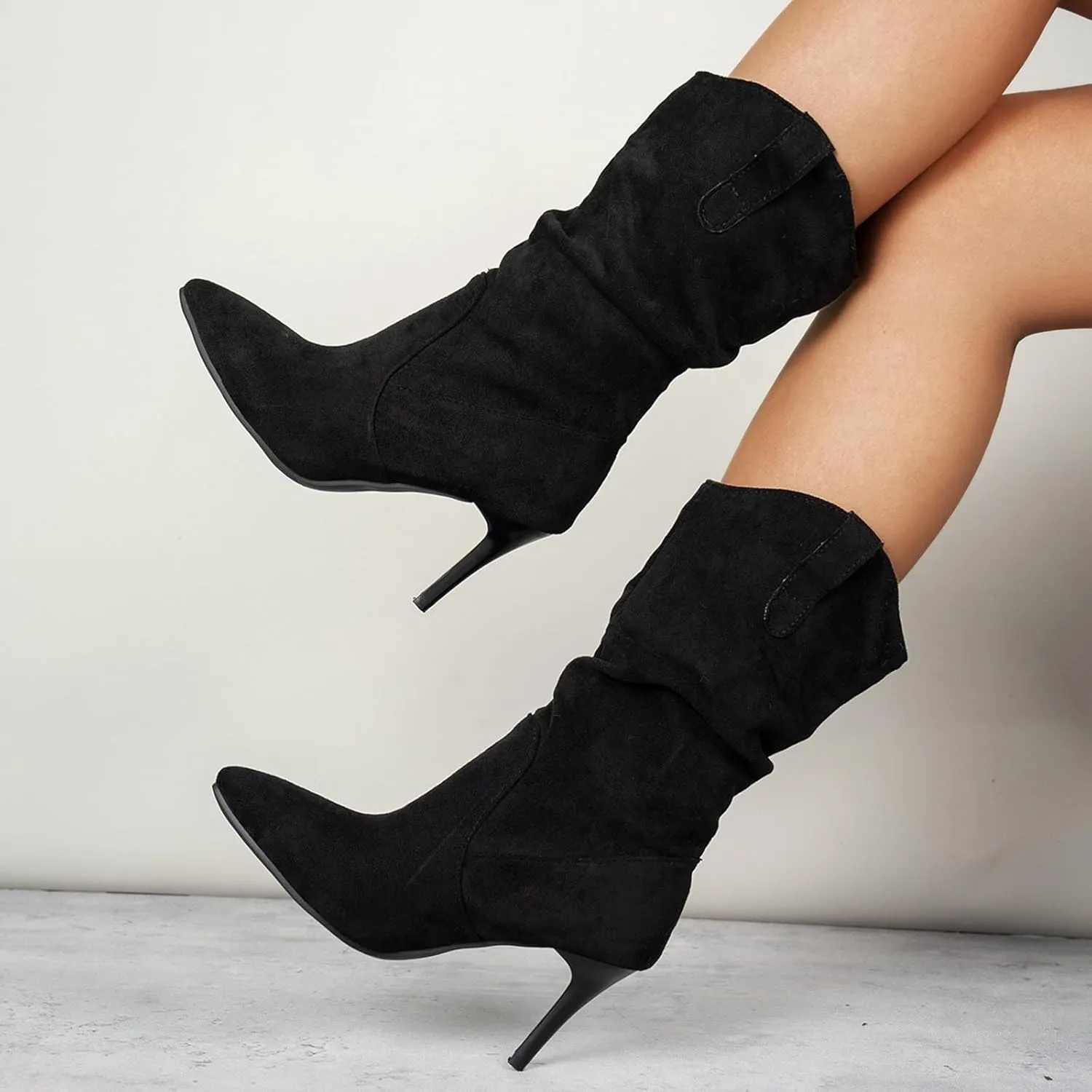 Womens Heel Dress Shoes Women's Fashionable Pointed Toe Suede Stiletto Pleated Mid Calf Fashion Casual High Heels