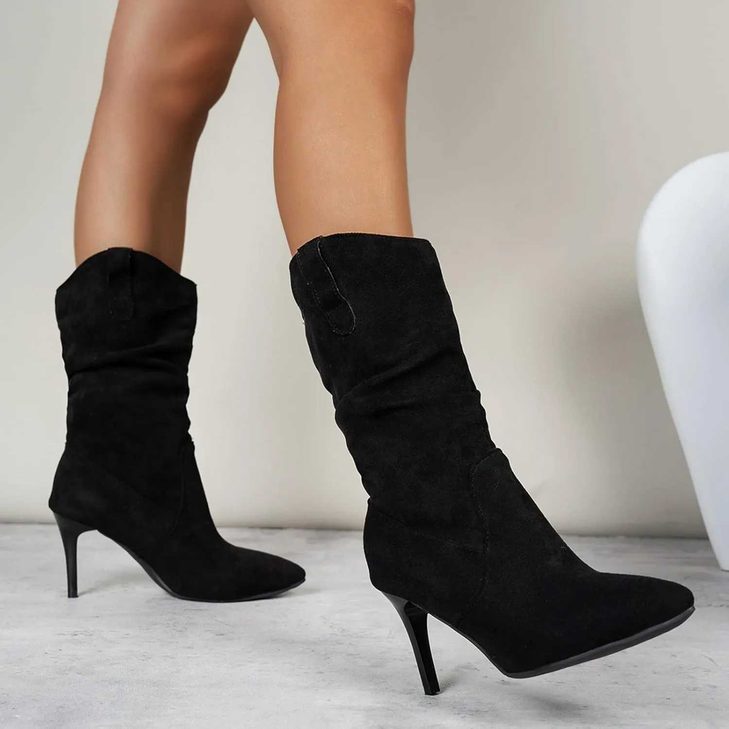 Womens Heel Dress Shoes Women's Fashionable Pointed Toe Suede Stiletto Pleated Mid Calf Fashion Casual High Heels