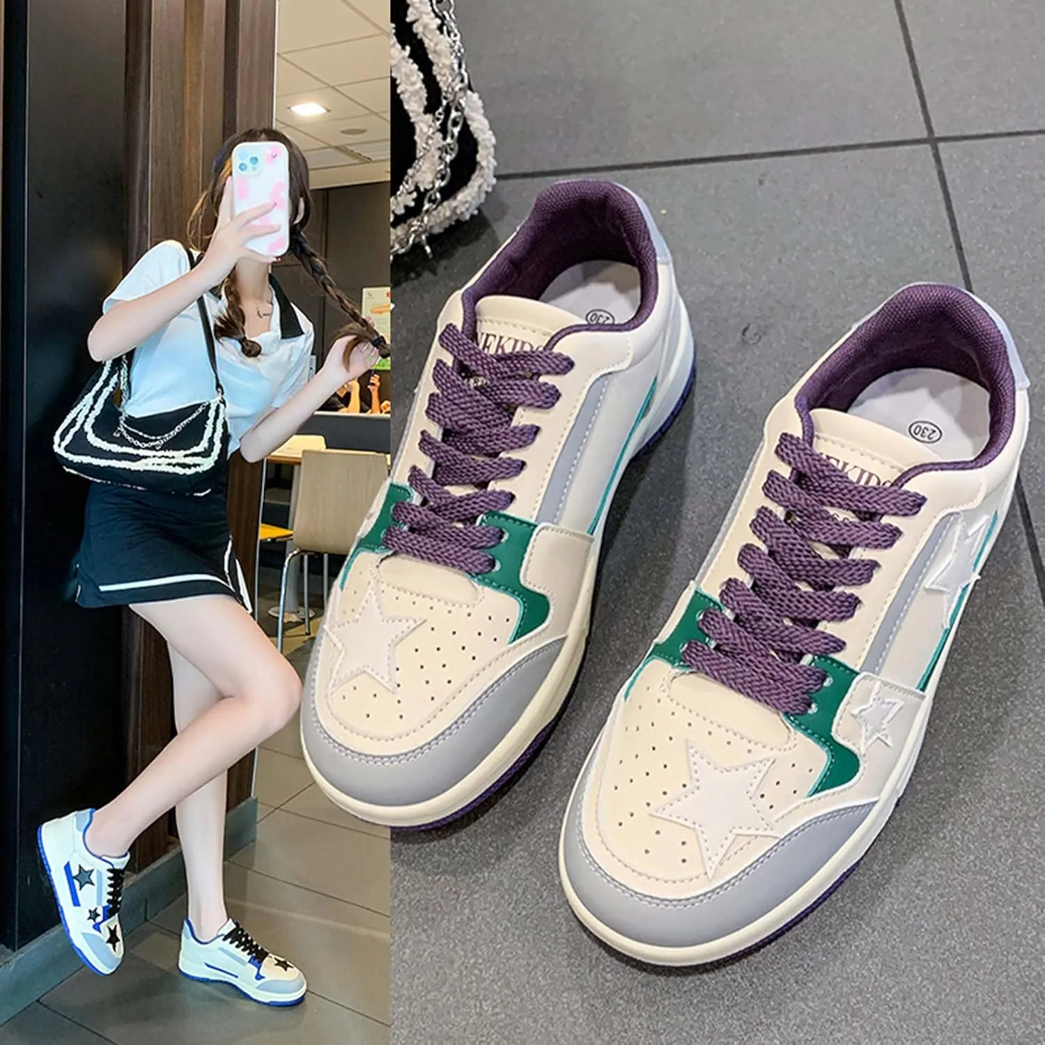 Women's Lace Up Low Cut Skateboard Shoes with Anti Slip and Wear-Resistant Rubber Soles Casual Sports Shoes Fashionable Short Distance Running Shoes Breathable and Comfortable Work Shoes