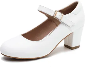 Women's Mary Jane Shoes Low Block Heel Ankle Strap Closed Round Toe Pumps Dress Wedding Office Work Church Shoes White Matte 39-8US