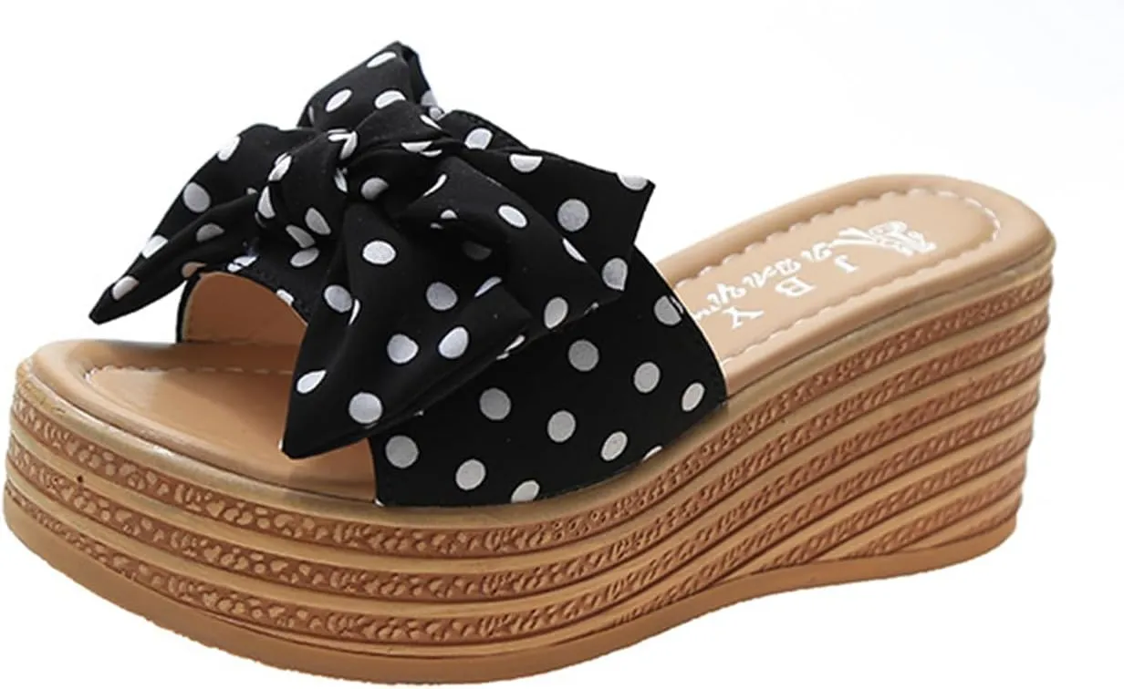 Womens Platform Wedge Sandals Slides Slip On Bow Knot Open Toe Summer Shoes for Women Slipper Beach Travel Vacation