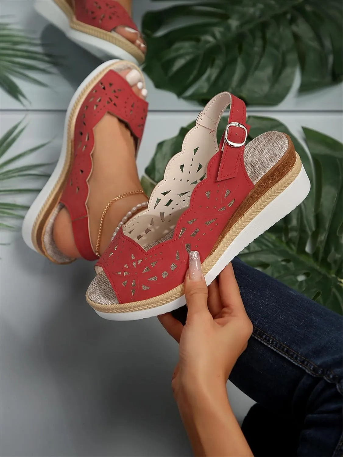 Womens Sandals 2025 Platform Shoes Casual Hollow Out Shoes Slingback Platform Wedge Sandals Causal Heel Cut Out Vamp Peep Toe Slingback Women's Sandal Fashion Dressy Sandal 2025