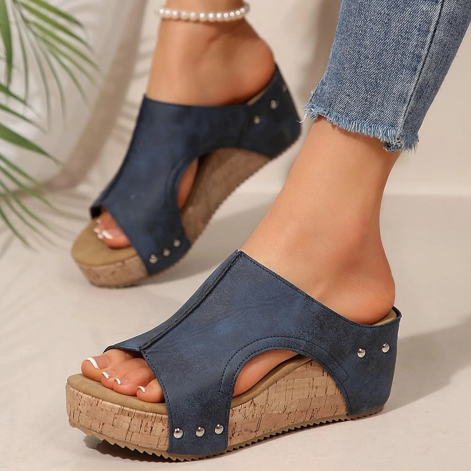 Women's Sandals Summer Beach Wedge Sandals Comfortable Platform Sandals Open Toe Buckle Ankle Strap Cork Shoes