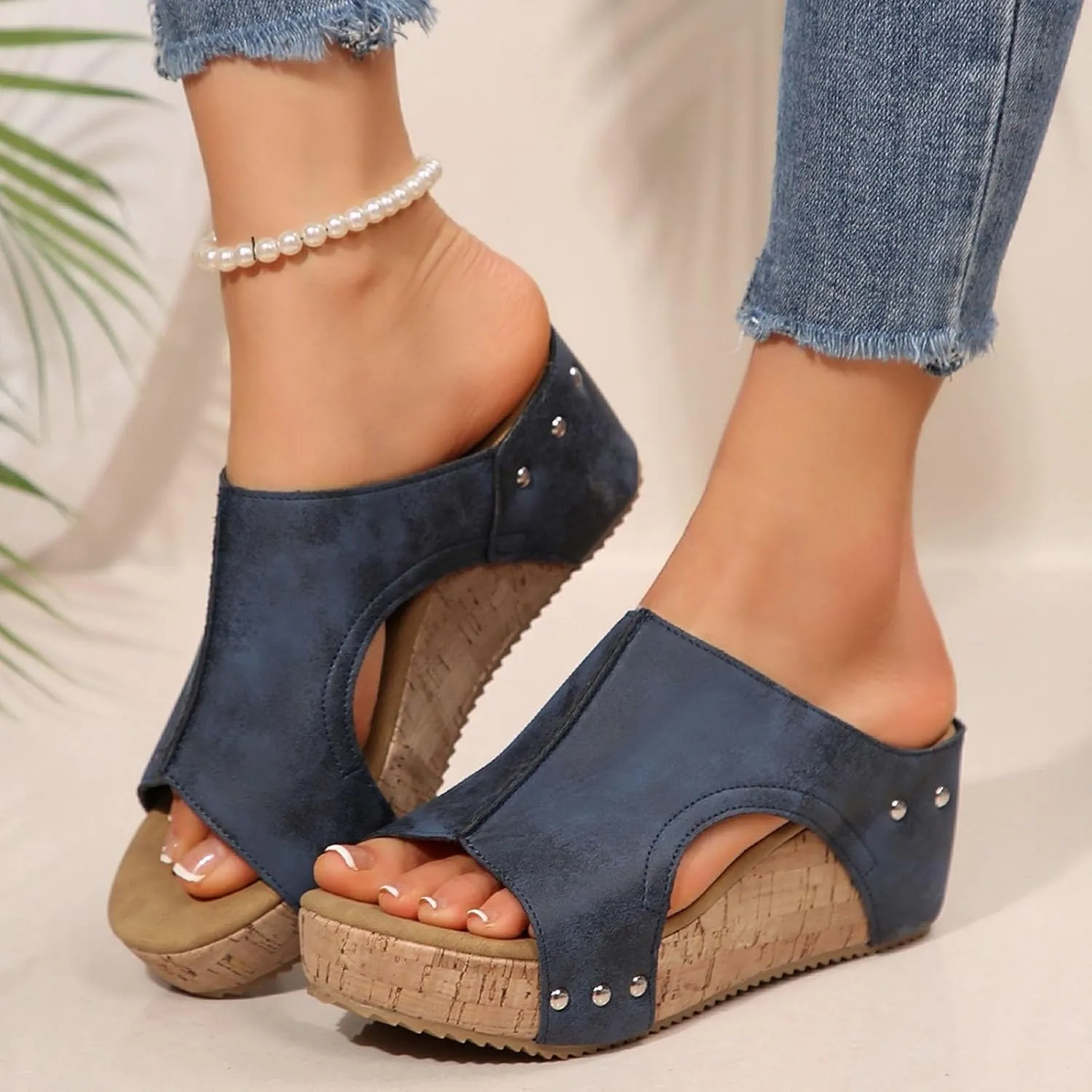 Women's Sandals Summer Beach Wedge Sandals Comfortable Platform Sandals Open Toe Buckle Ankle Strap Cork Shoes