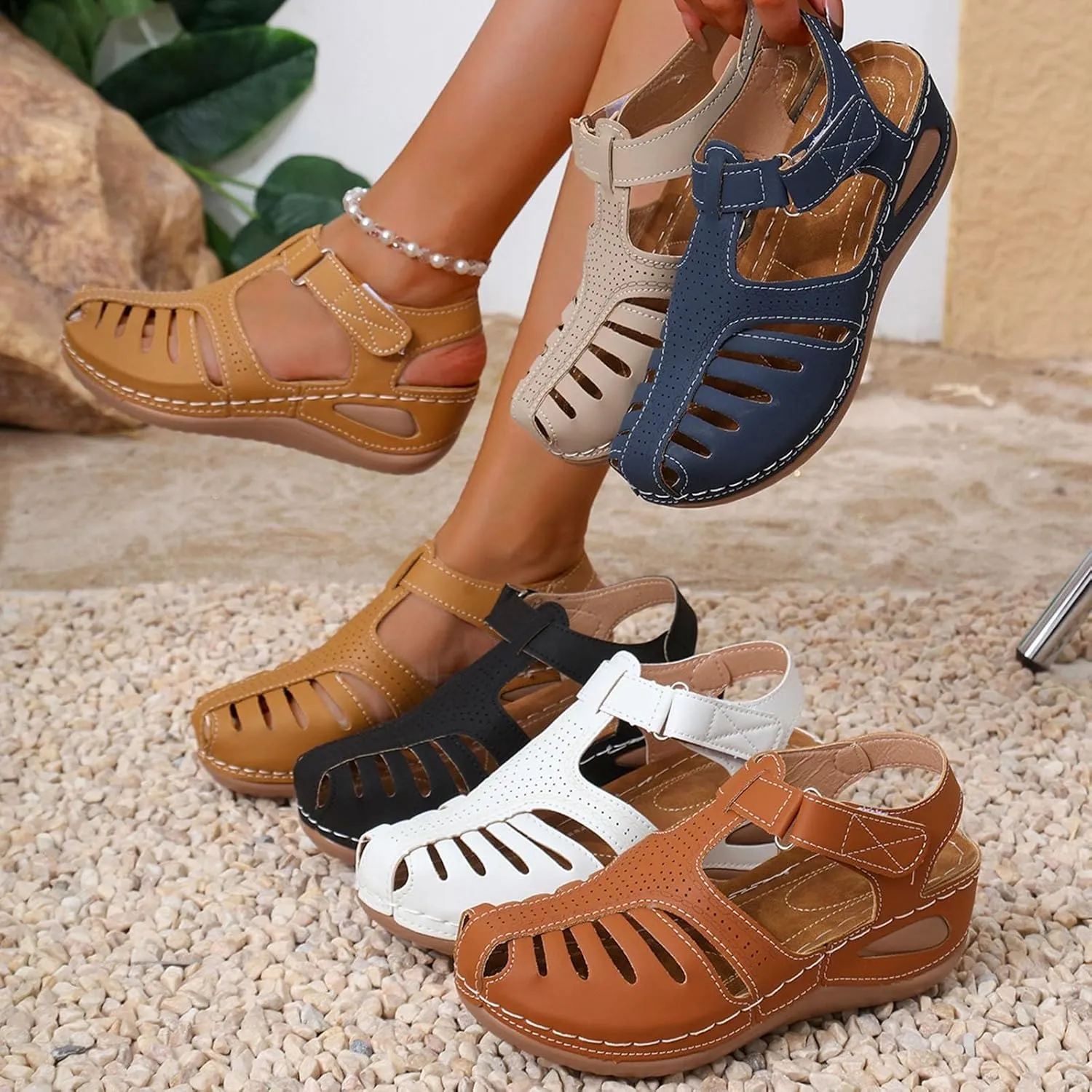 Women's Sandals Summer Retro Wedge Heel Closed Toe Thick Bottom Lightweight Sandals Hollow Platform Women