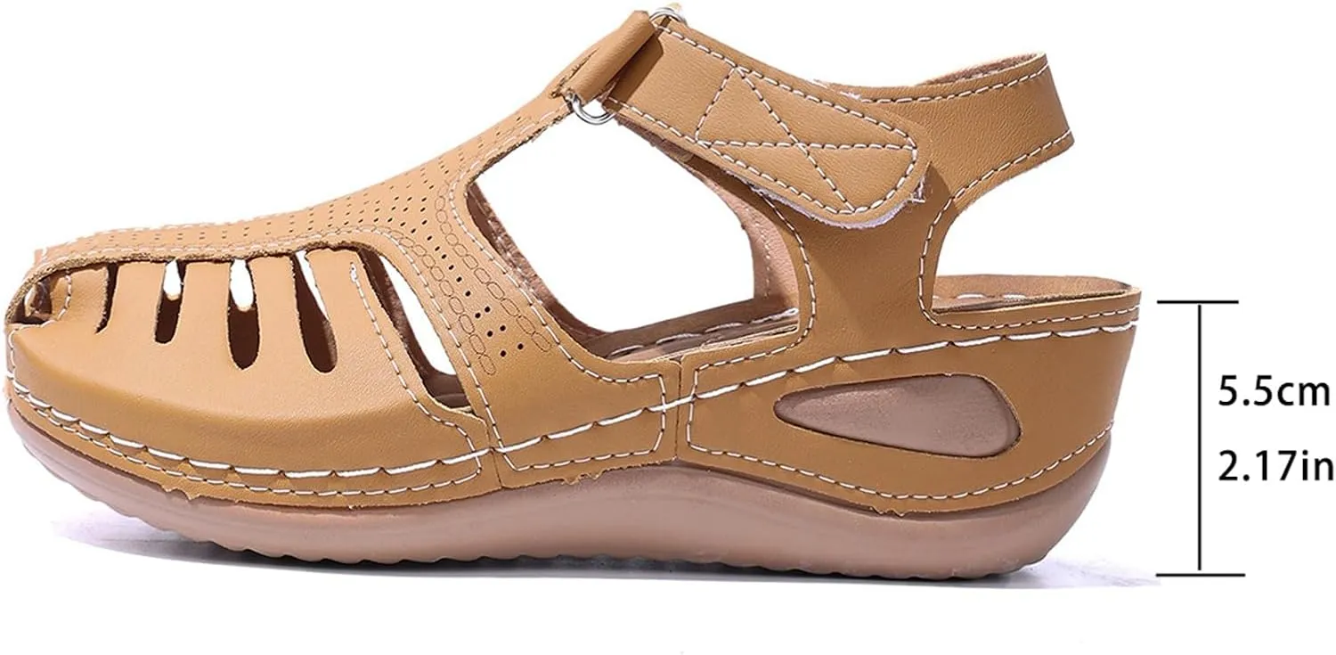 Women's Sandals Summer Retro Wedge Heel Closed Toe Thick Bottom Lightweight Sandals Hollow Platform Women