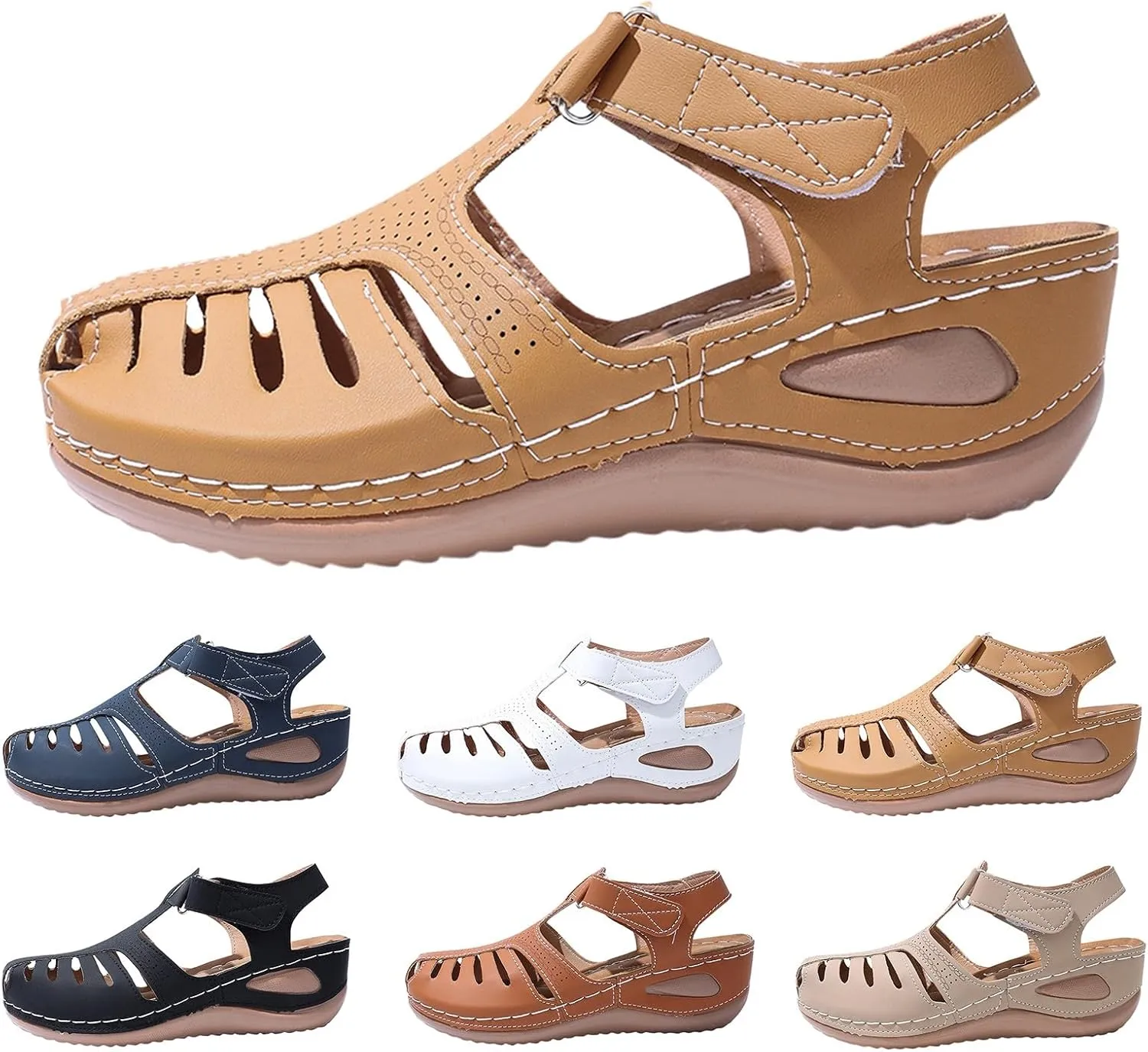 Women's Sandals Summer Retro Wedge Heel Closed Toe Thick Bottom Lightweight Sandals Hollow Platform Women