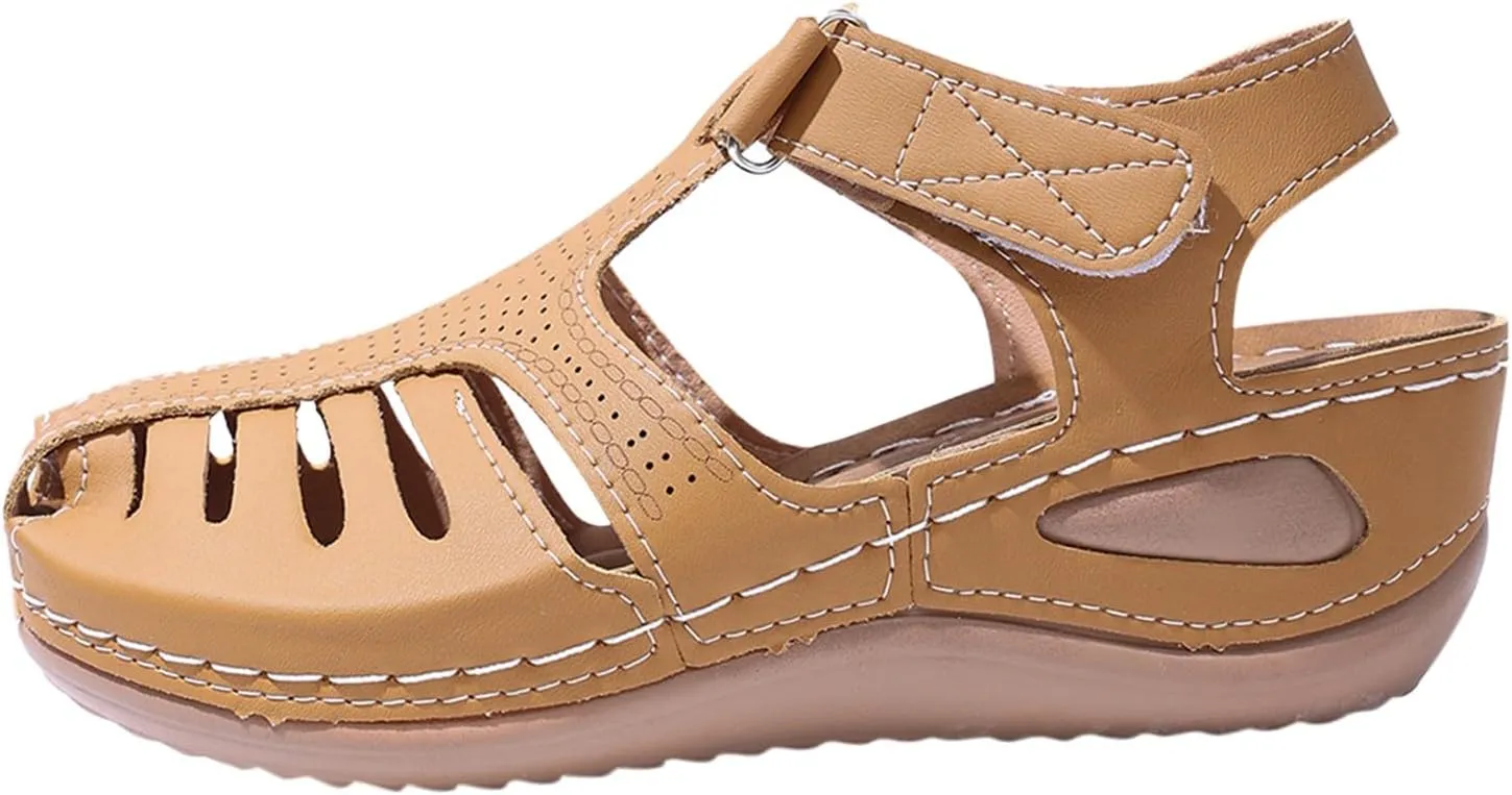 Women's Sandals Summer Retro Wedge Heel Closed Toe Thick Bottom Lightweight Sandals Hollow Platform Women