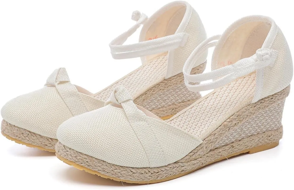 Women's Solid Textured Vintage Sandals Closed Toe Summer High Heel Casual Braided Elegant Shoe Anti-Slip Sandal
