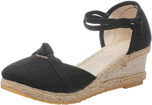Women's Solid Textured Vintage Sandals Closed Toe Summer High Heel Casual Braided Elegant Shoe Anti-Slip Sandal