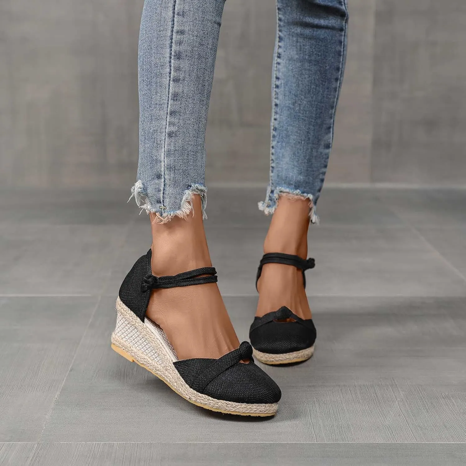 Women's Solid Textured Vintage Sandals Closed Toe Summer High Heel Casual Braided Elegant Shoe Anti-Slip Sandal