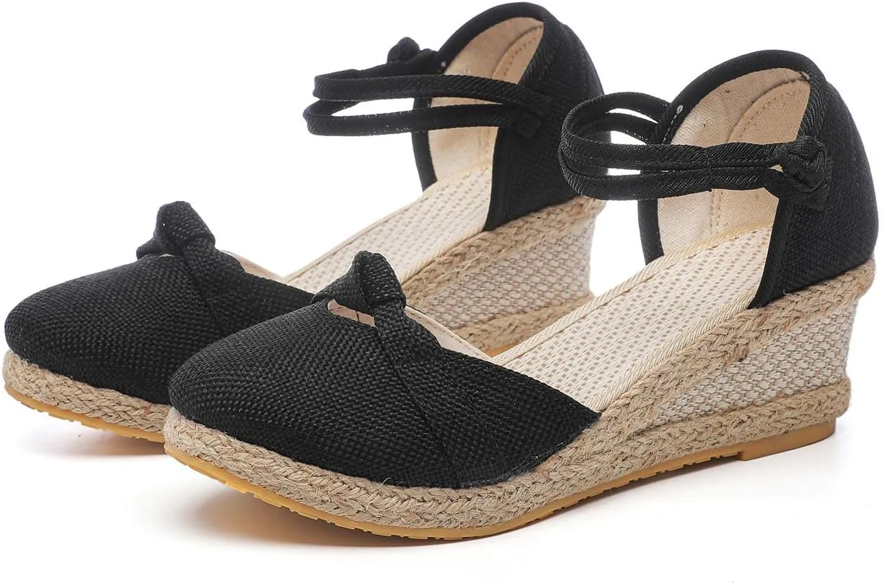 Women's Solid Textured Vintage Sandals Closed Toe Summer High Heel Casual Braided Elegant Shoe Anti-Slip Sandal