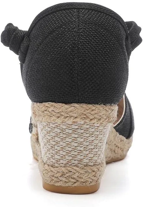 Women's Solid Textured Vintage Sandals Closed Toe Summer High Heel Casual Braided Elegant Shoe Anti-Slip Sandal