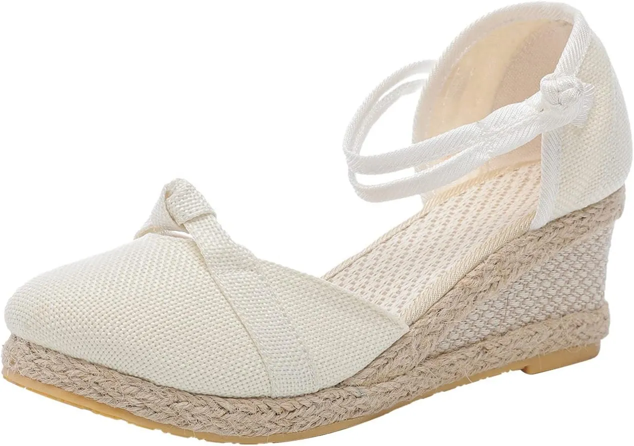 Women's Solid Textured Vintage Sandals Closed Toe Summer High Heel Casual Braided Elegant Shoe Anti-Slip Sandal