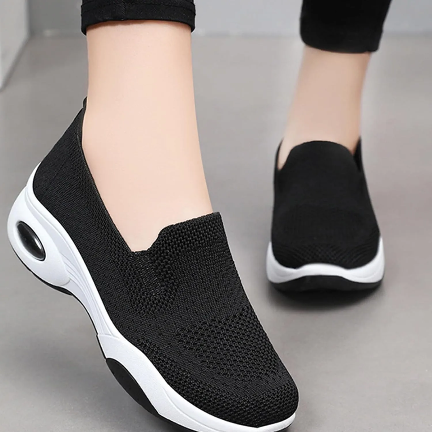Womens Walking Shoes Sock Sneakers Slip-On Light Air Cushion Mesh Breathable Comfortable Casual Ladies Air Cushion Athletic Shoes for Arch Support Jogging Shoe