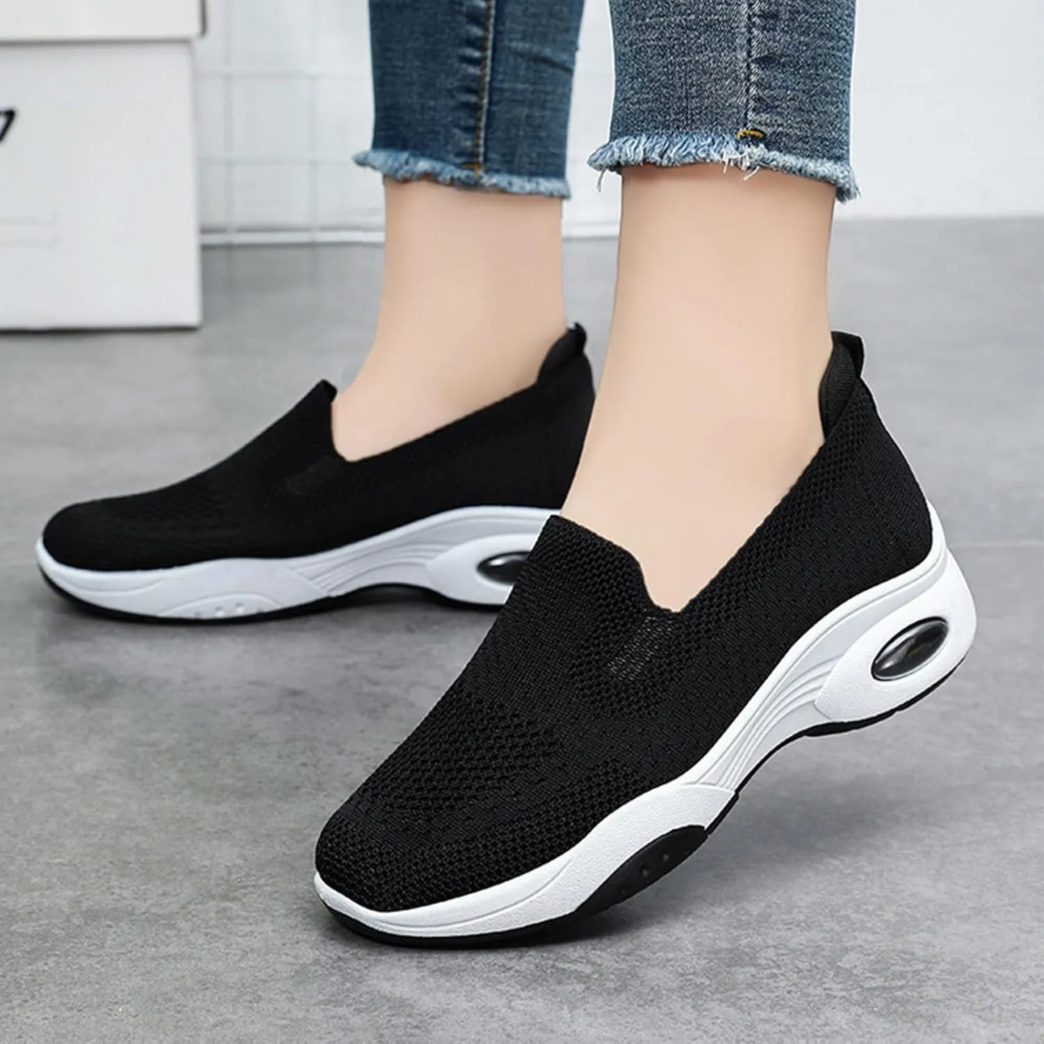 Womens Walking Shoes Sock Sneakers Slip-On Light Air Cushion Mesh Breathable Comfortable Casual Ladies Air Cushion Athletic Shoes for Arch Support Jogging Shoe